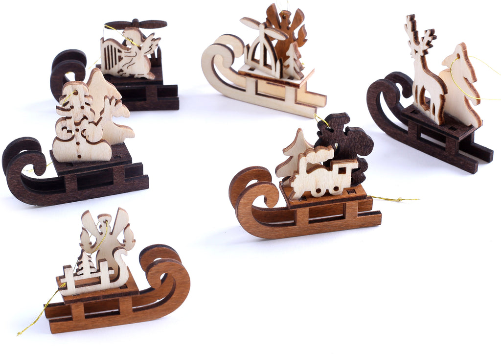BRUBAKER 6-Pcs Sleds Pendant - Christmas Tree Hanging Ornaments Set - Wooden Christmas Tree Decorations