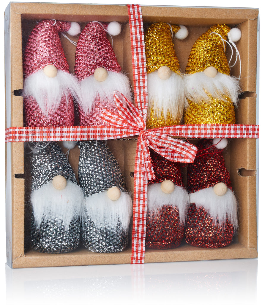 BRUBAKER 8-Piece Set Wooden and Knitted Christmas Gnomes - Tree Ornaments Pendants - 4.1 Inches - in Gift Box