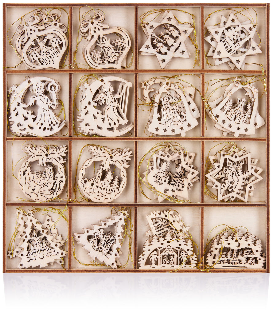 BRUBAKER 48-Pcs. Christmas Pendant Set - Wooden Tree Ornaments 1.2 - 1.6 Inches - Bells Stars Fir Tree Deco Christmas Hangers - Wooden Pendants for Christmas Tree
