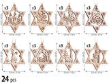 BRUBAKER 24-Pcs. Christmas Pendant Set - Wooden Tree Decorations 2.4 Inches - Stars with Bells Candles and Nutcracker - Deco Hanger Christmas - Pendants Christmas Tree