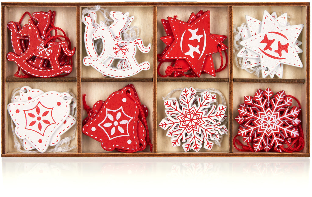 BRUBAKER 24-Pcs Christmas Pendant Set - Tree Ornaments Red White Made of Wood 1.2 - 1.6 Inches - Rocking Horses Stars Bells - Wooden Pendants Christmas Tree Decoration