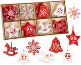 BRUBAKER 24-Pcs Christmas Pendant Set - Tree Ornaments Red White Made of Wood 1.2 - 1.6 Inches - Rocking Horses Stars Bells - Wooden Pendants Christmas Tree Decoration