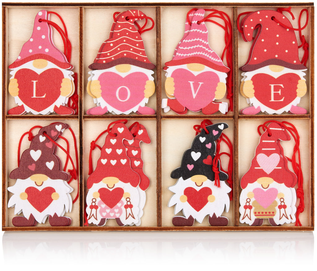 BRUBAKER 16-Pcs. Deco Pendants Love Dwarfs Set - Approx. 2.4 Inches - Heart Christmas Pendant Love - Wooden Tree Decorations for Valentine’s Day, Christmas or DIY Decorations - Red Pink