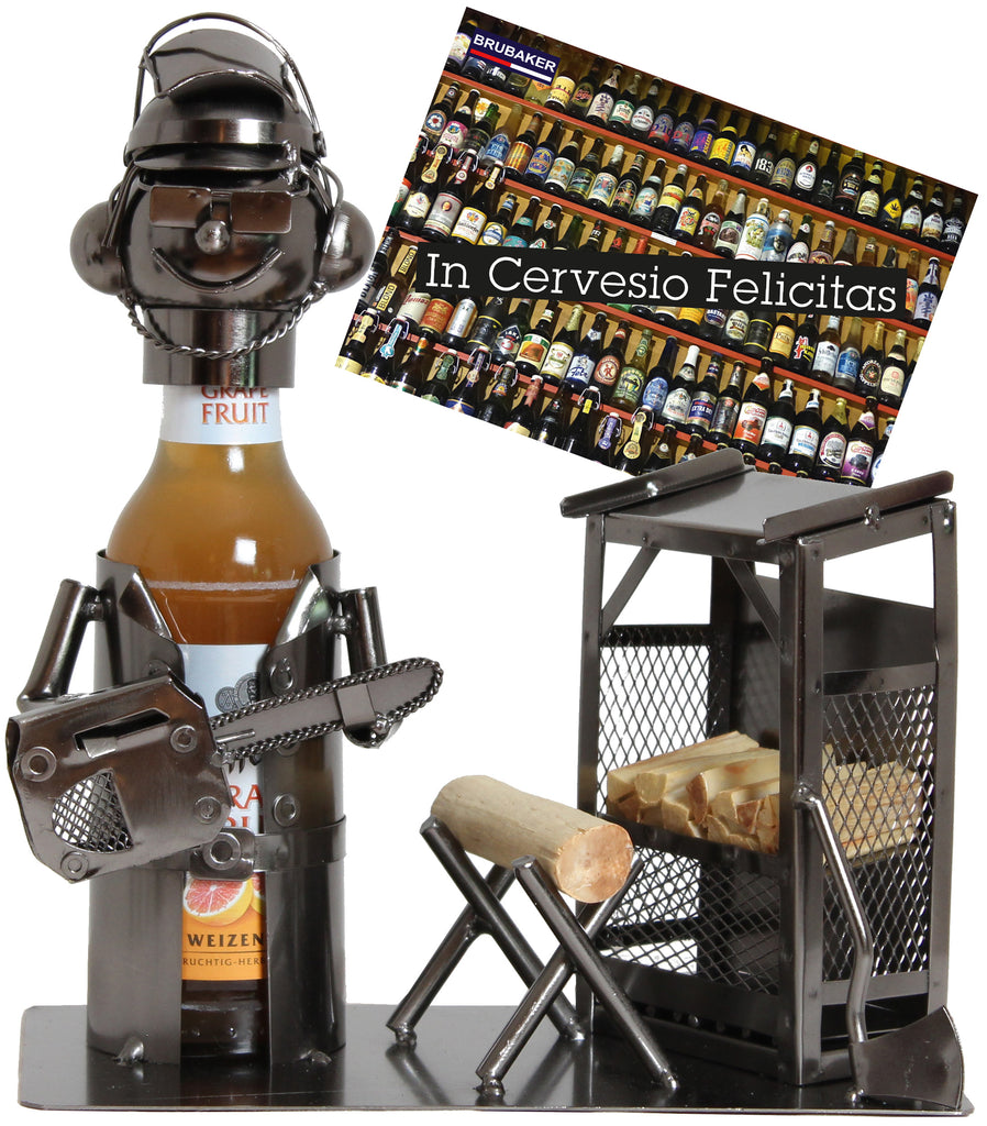 BRUBAKER Wine Bottle Holder "Tree Cutter" - Metal Sculpture - Wine Rack Decor - Tabletop - With Greeting Card