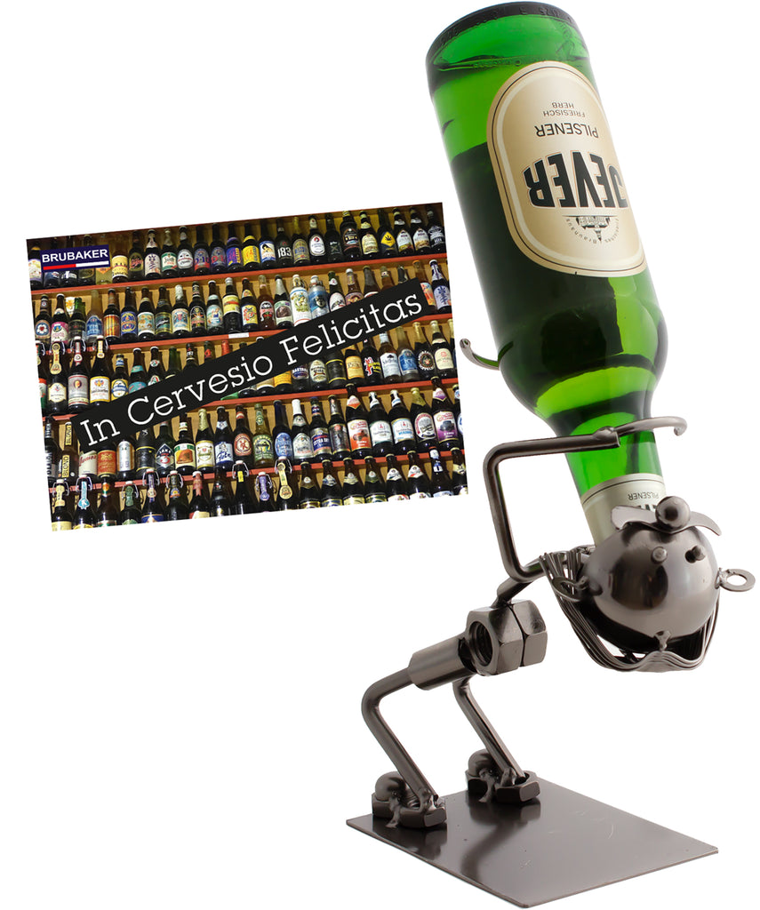 BRUBAKER Wine Bottle Holder "Drinker" - Metal Sculpture - Wine Rack Decor - Tabletop - With Greeting Card