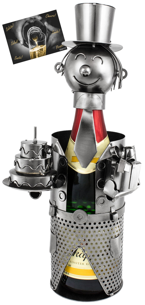 BRUBAKER Wine Bottle Holder "Happy Birthday" - Metal Sculpture - Wine Rack Decor - Tabletop - With Greeting Card