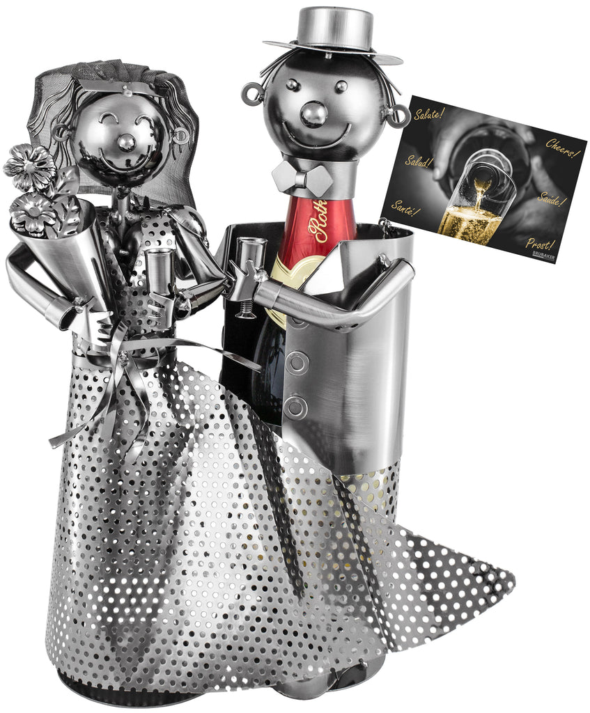 BRUBAKER Wine Bottle Holder "Wedding Couple" - Metal Sculpture - Wine Rack Decor - Tabletop - With Greeting Card