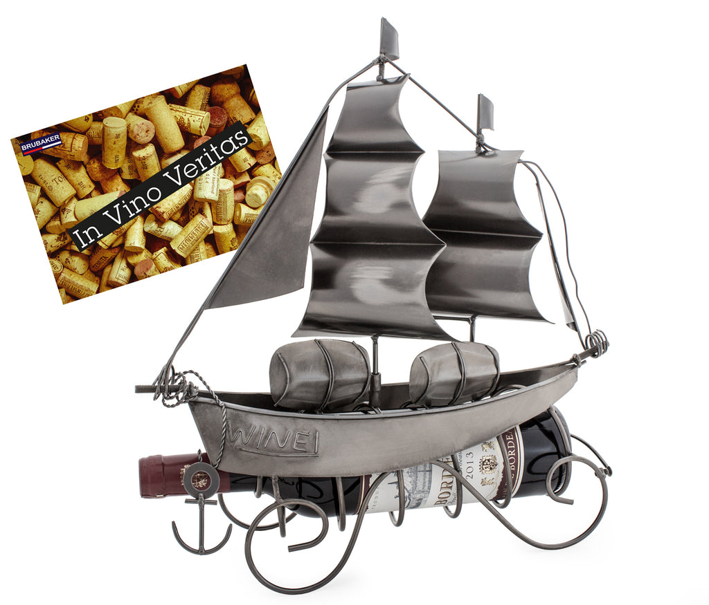 BRUBAKER Wine Bottle Holder "Sailing Boat" - Metal Sculpture - Wine Rack Decor - Tabletop - With Greeting Card