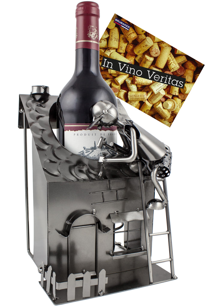 BRUBAKER Wine Bottle Holder "House with Roofer" - Metal Sculpture - Wine Rack Decor - Tabletop - With Greeting Card
