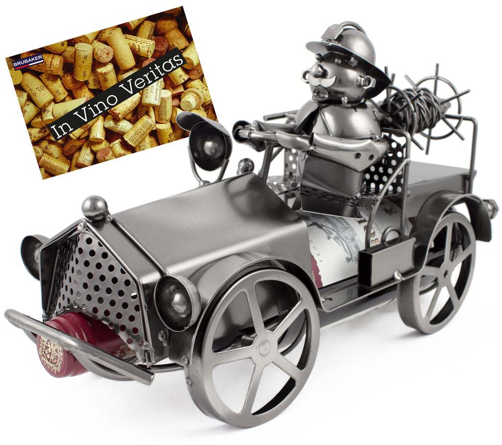BRUBAKER Wine Bottle Holder "Fire Truck" - Metal Sculpture - Wine Rack Decor - Tabletop - With Greeting Card