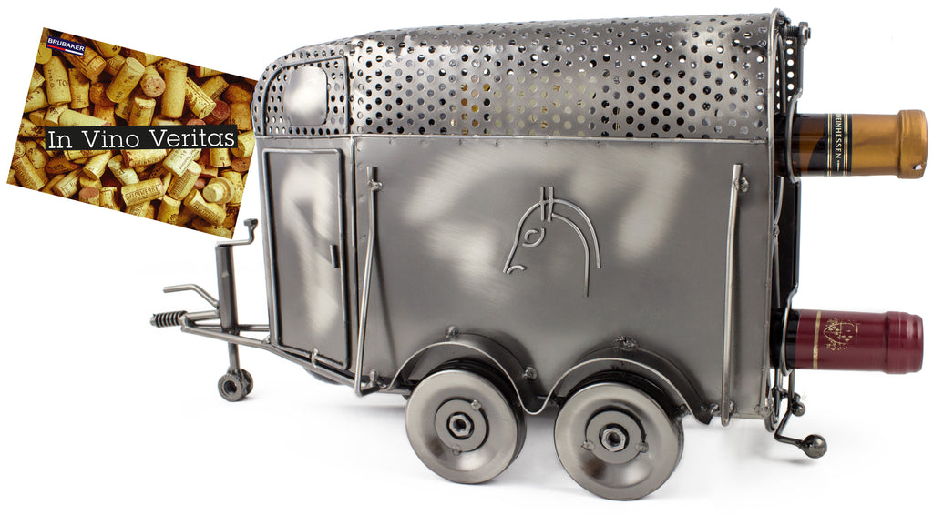 BRUBAKER Wine Bottle Holder "Horse Trailer" - Metal Sculpture - Wine Rack Decor - Tabletop - With Greeting Card