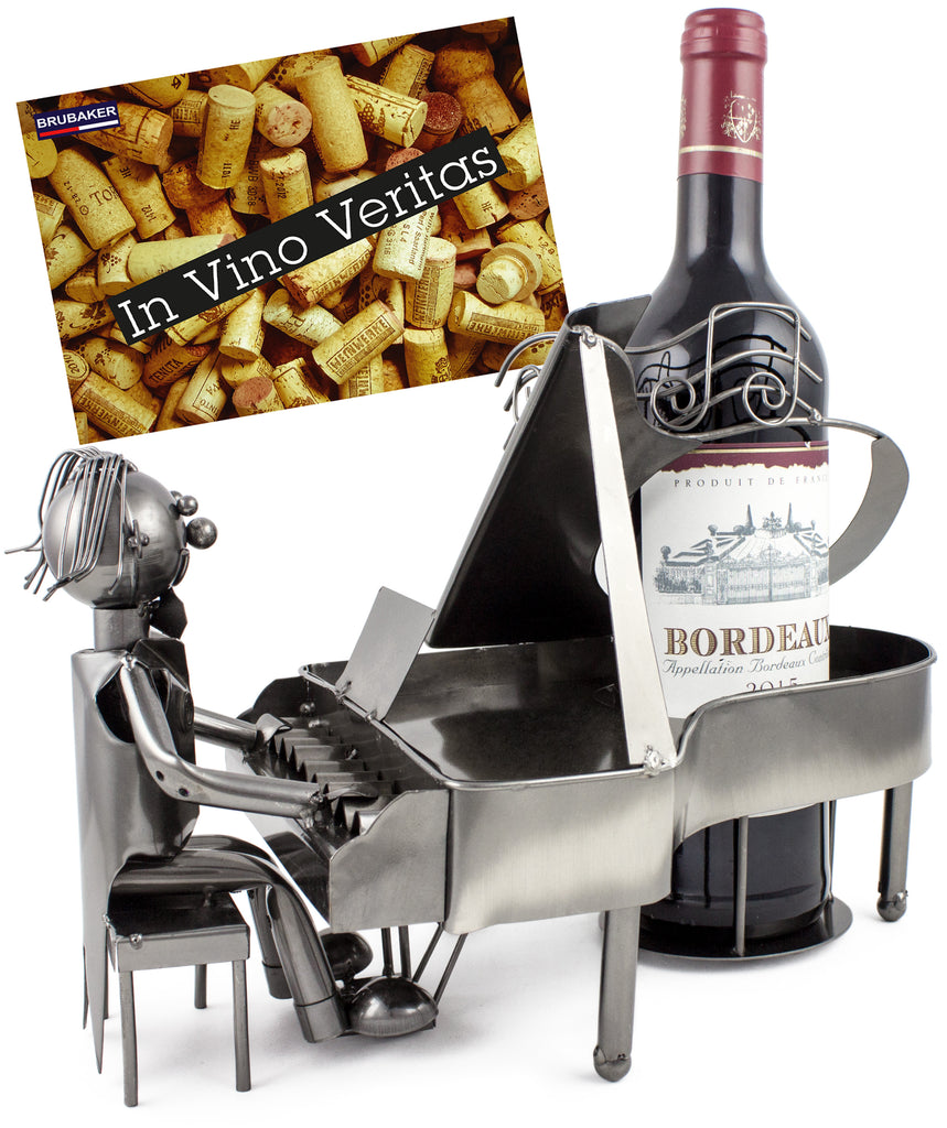 BRUBAKER Wine Bottle Holder 'Grand Piano' - Table Top Metal Sculpture - with Greeting Card