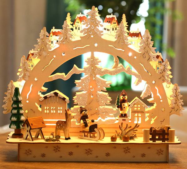 BRUBAKER 3D LED Candle Arch - Winter Landscape with Village - LED Lighting  - Natural Wood 10.8 x 9.7 x 3.4 Inches - Hand Painted