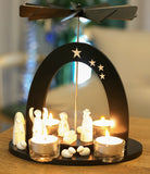 BRUBAKER Wooden Christmas Pyramid 8.7 Inches - Nativity - Tea Light Pyramid with 4 Glass Tea Light Holders - Black & White - Hand Painted Figures