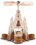 BRUBAKER Wooden Christmas Pyramid 11.4 Inches - Nativity - 2 Tier Carousel - Tea Light Pyramid with 4 Golden Metal Tea Light Holders - Natural Wood - Carved Figures