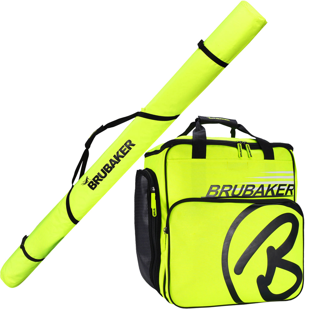 BRUBAKER Set of Cross-Country Ski Bag and Ski Boot Bag XC Touring Champion - For 1 Pair of Skis + Poles + Boots + Helmet - Neon Yellow / Black