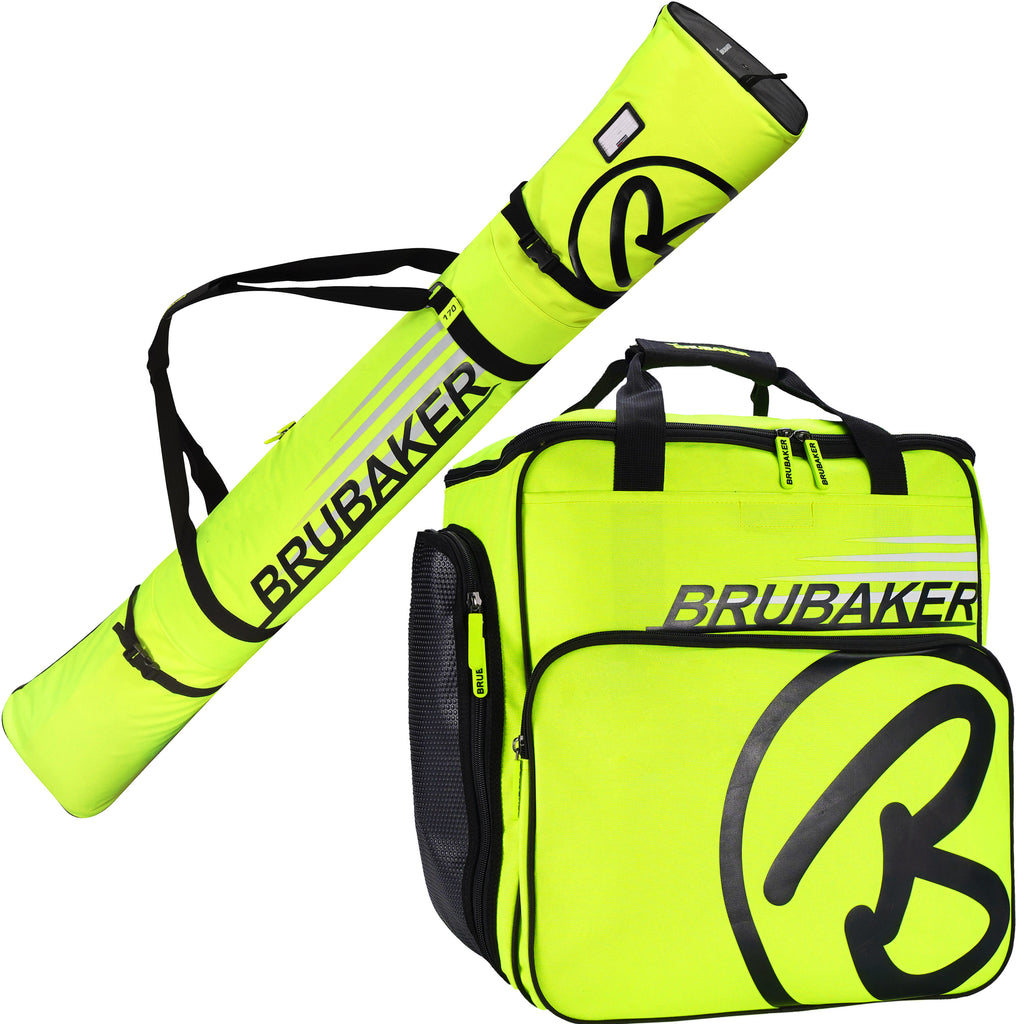 BRUBAKER Set of Ski Bag and Boot Bag Carver Champion - For 1 Pair of Skis + Poles + Boots + Helmet - Neon Yellow / Black