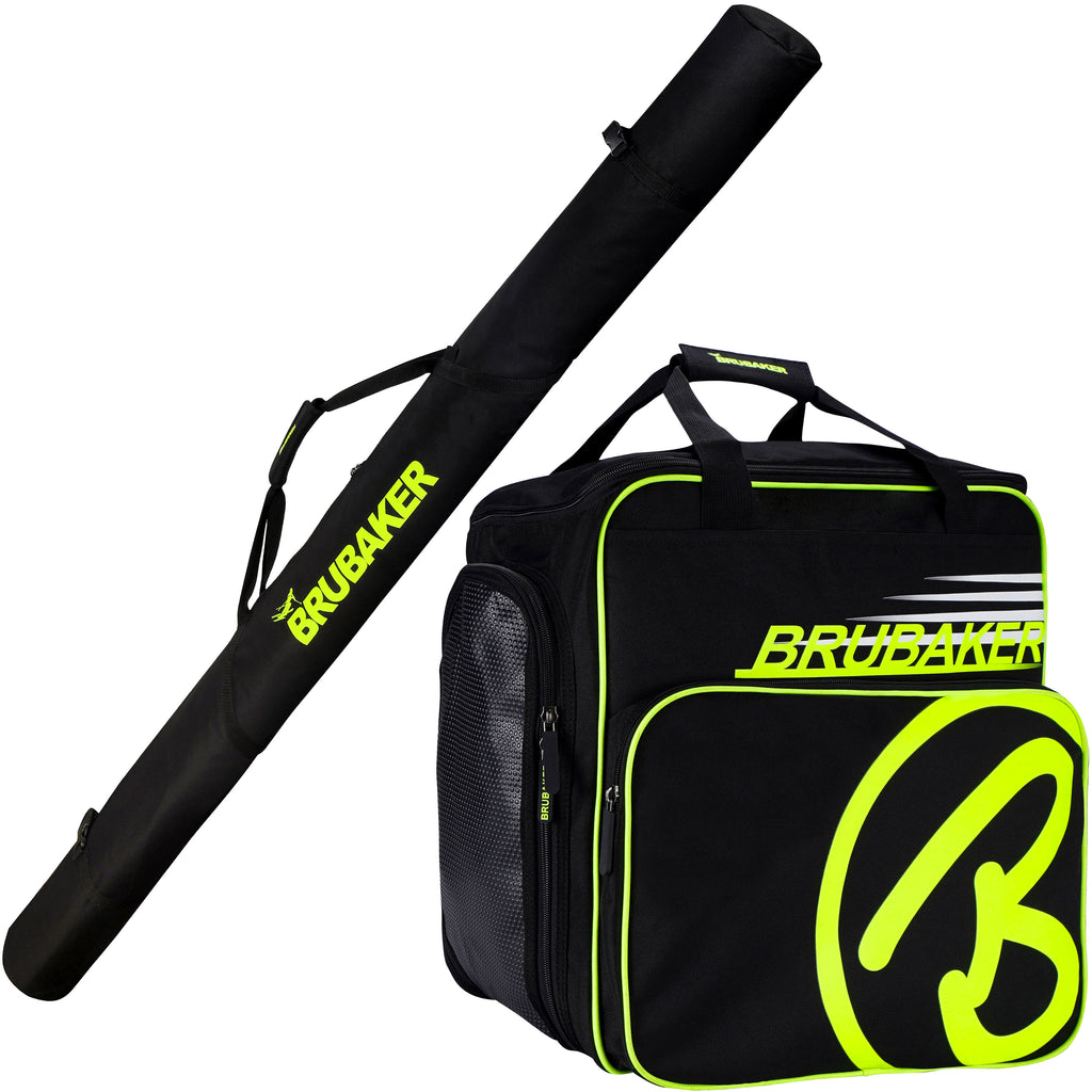 BRUBAKER Set of Cross-Country Ski Bag and Boot Bag XC Touring Champion - For 1 Pair of Skis + Poles + Boots + Helmet - Black / Neon Yellow