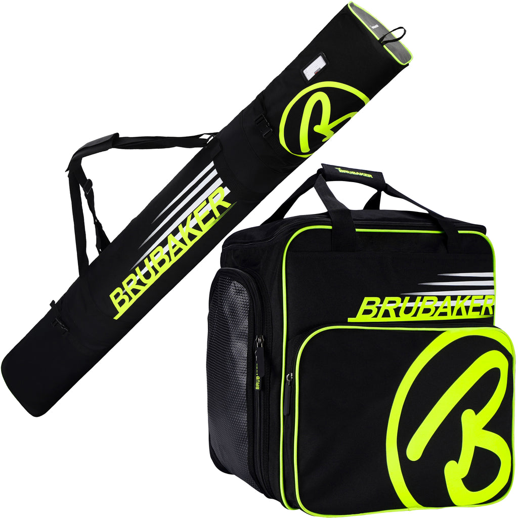 BRUBAKER Set of Ski Bag and Ski Boot Bag Carver Champion - For 1 Pair of Skis + Poles + Boots + Helmet - - Black / Neon Yellow