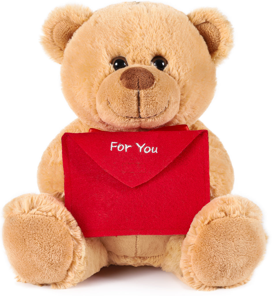 BRUBAKER Teddy Plush Bear with Red Envelope - For You - 9.84 Inches - Cuddly Toy - Stuffed Animal - Brown