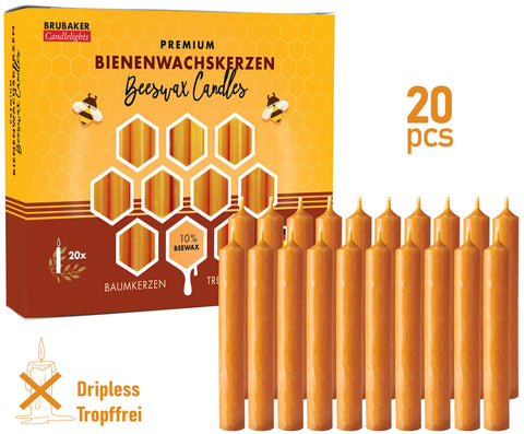 BRUBAKER 10% Beeswax Christmas Tree Candles for Pyramids & Chimes - Honey colored - Pack of 20 in a Gift Box