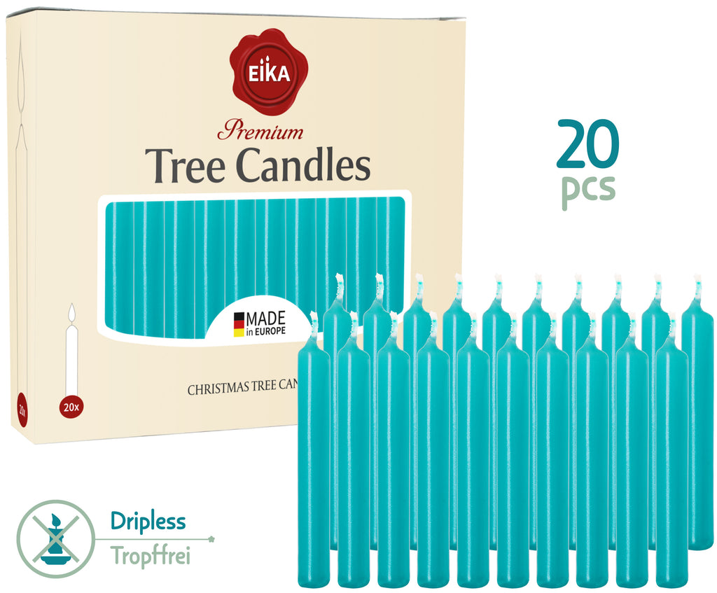 Eika Premium Christmas Tree Candles - Set of 20 Traditional Christmas Wax Candles for Pyramids, Carousels & Chimes - Made in Europe - Turquoise Metallic