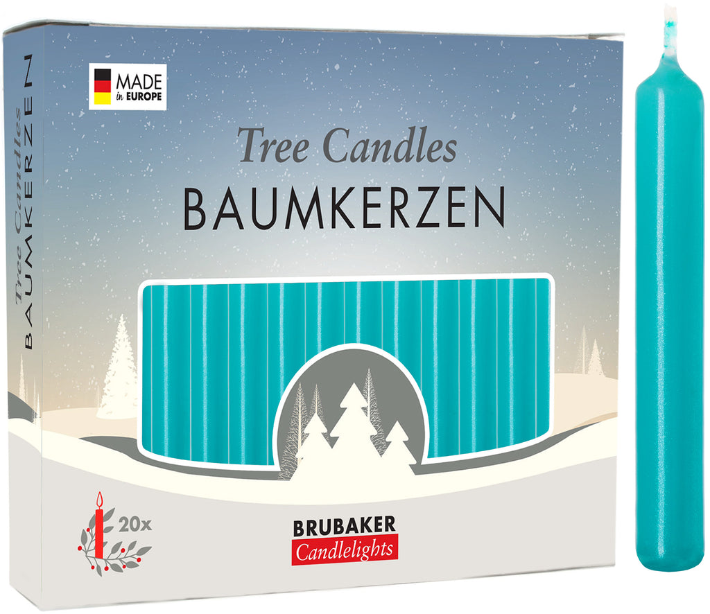BRUBAKER Tree Candles - Pack of 20 - Turquoise - 3¾ x ½ Inches - Made in Europe - Christmas Wax Candles for Pyramids, Carousels & Chimes