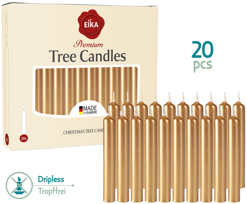 Eika Premium Christmas Tree Candles - Set of 20 Traditional Christmas Wax Candles for Pyramids, Carousels & Chimes - Made in Europe - Gold