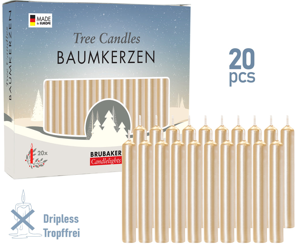 BRUBAKER Tree Candles - Pack of 20 - Pale Gold - 3¾ x ½ Inches - Made in Europe - Christmas Wax Candles for Pyramids, Carousels & Chimes