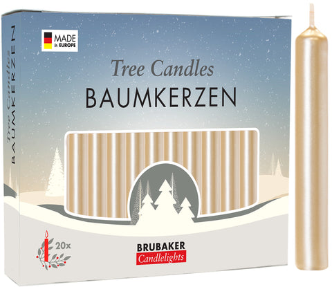 BRUBAKER Tree Candles - Pack of 20 - Pale Gold - 3¾ x ½ Inches - Made in Europe - Christmas Wax Candles for Pyramids, Carousels & Chimes