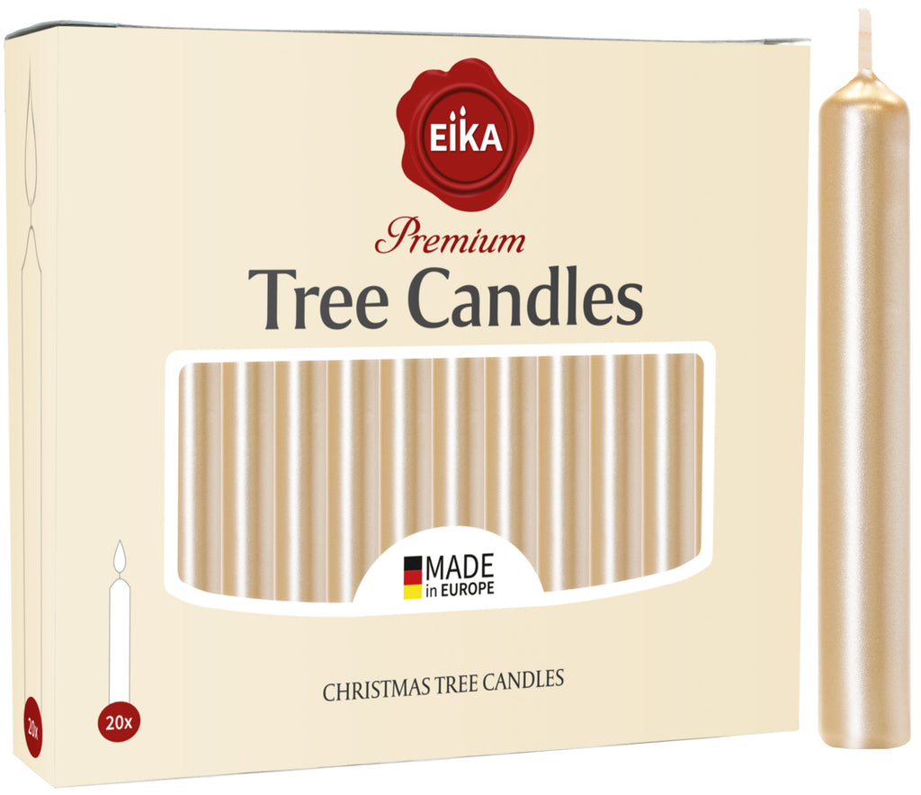 Eika Premium Christmas Tree Candles - Set of 20 Traditional Christmas Wax Candles for Pyramids, Carousels & Chimes - Made in Europe - Pale Gold Metallic