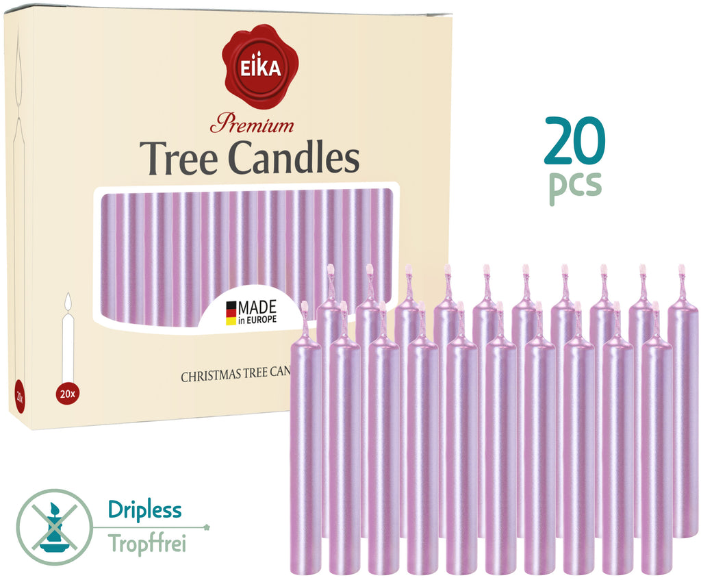 Eika Premium Christmas Tree Candles - Set of 20 Traditional Christmas Wax Candles for Pyramids, Carousels & Chimes - Made in Europe - Lilac Metallic