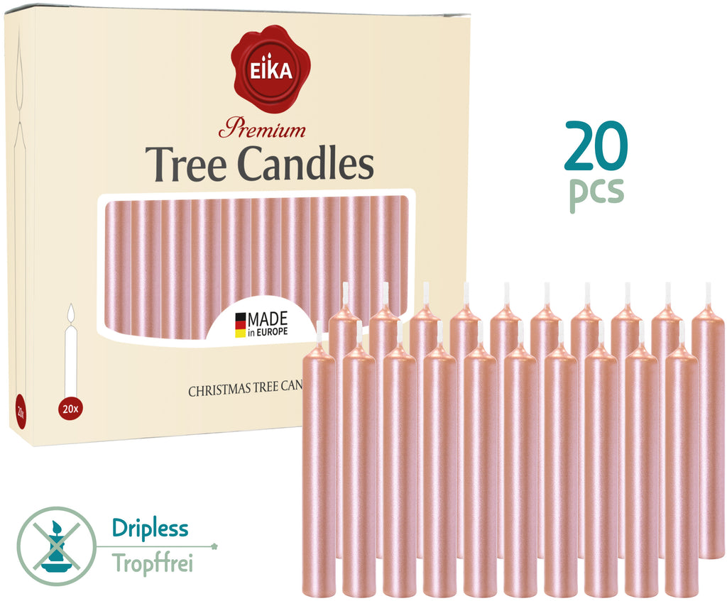 Eika Premium Christmas Tree Candles - Set of 20 Traditional Christmas Wax Candles for Pyramids, Carousels & Chimes - Made in Europe - Rosé Gold Metallic