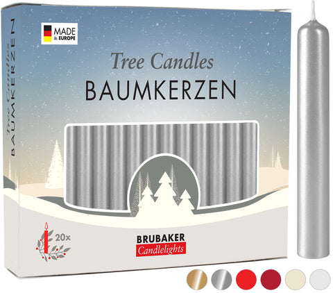 BRUBAKER Christmas Tree Candles for Pyramids & Chimes - Silver - Pack of 20 in a Gift Box