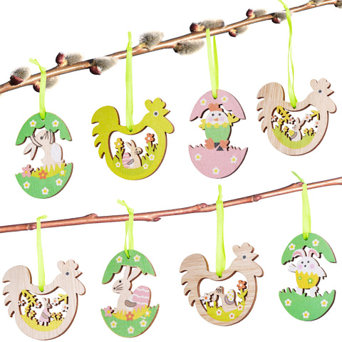 BRUBAKER 24-Pcs. Decorative Easter Pendants - About 2.4 Inches - Easter Eggs, Bunnies and Chickens Deco Hanger - Wooden Deco for DIY Crafting Easter Parties or Spring Decorations