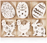 BRUBAKER 24-Piece Decorative Easter Pendants - About 2.4 Inches - Easter Eggs, Bunnies and Chickens Deco Hanger - Wooden Deco for DIY Crafts Easter Parties or Other Spring Decorations