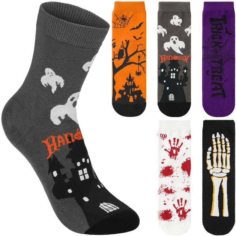 BRUBAKER 5 Pairs of Halloween Socks - Funny Cotton Socks with Pumpkin, Skeleton & Ghost - Colorful Set for Women & Men -