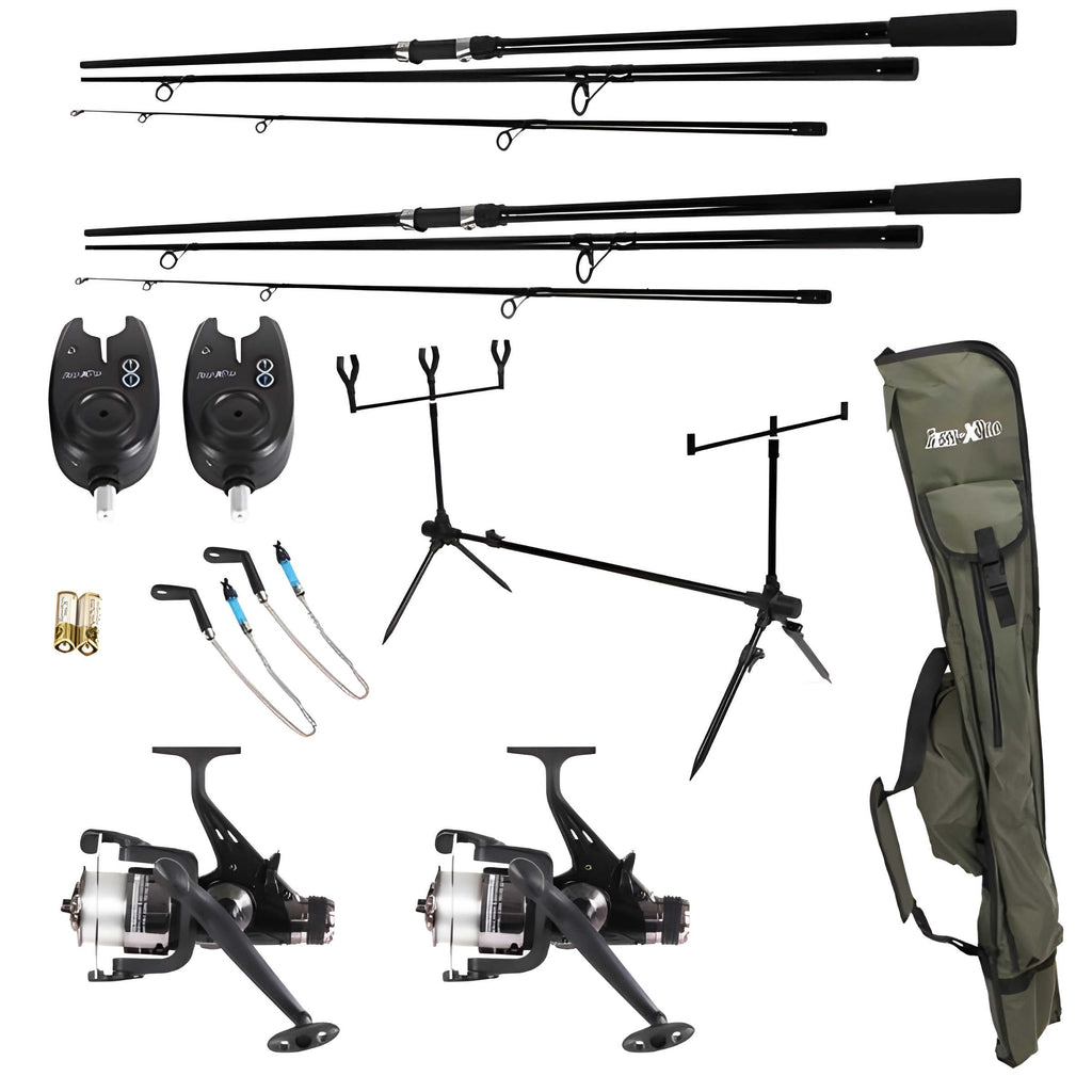 FISH-XPRO Carp Rod Set XL "Carp Improve" - Complete Carp Fishing Kit with 2 Rods, Baitrunner Reels, Bite Alarms, Rod Pod