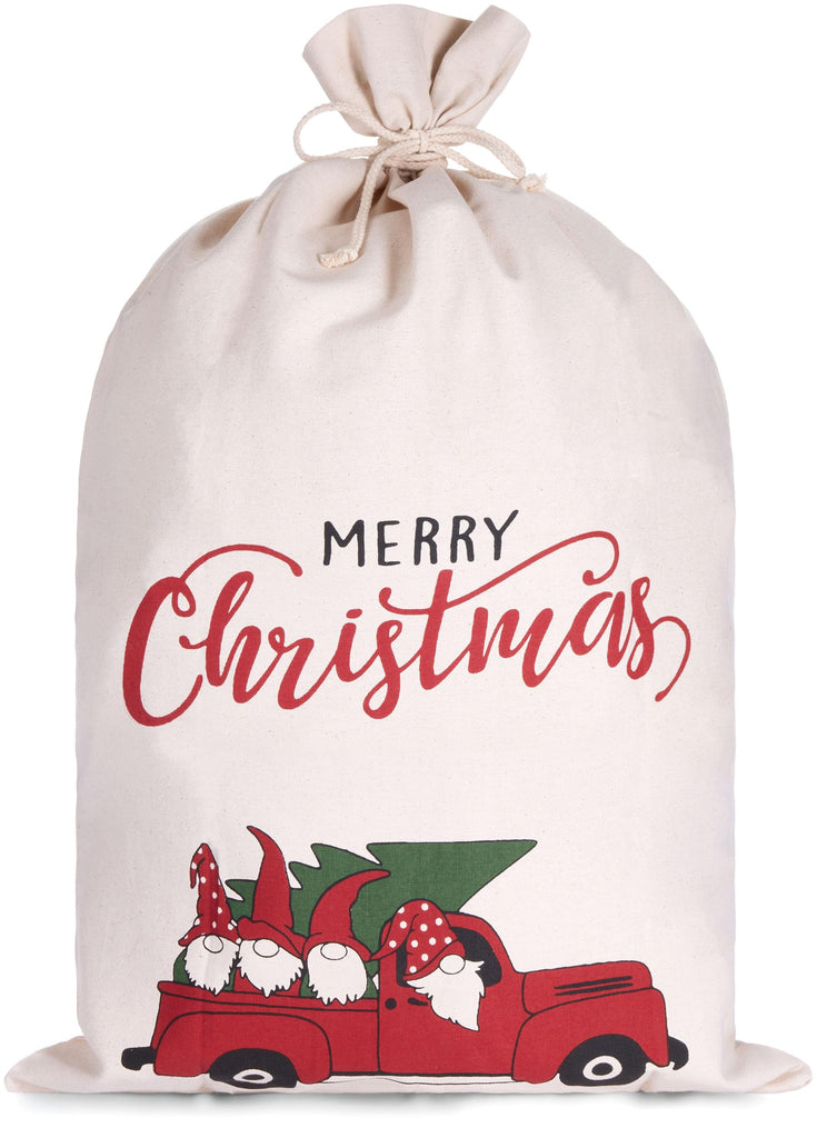 BRUBAKER Christmas Sack Christmas Car - Merry Christmas Holiday Gift Bag - Cotton Santa Sack - Gnome Family Design