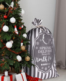 BRUBAKER Christmas Sack Special Delivery from the North Pole - White Gray Holiday Gift Bag - Cotton Sack with Post Desig