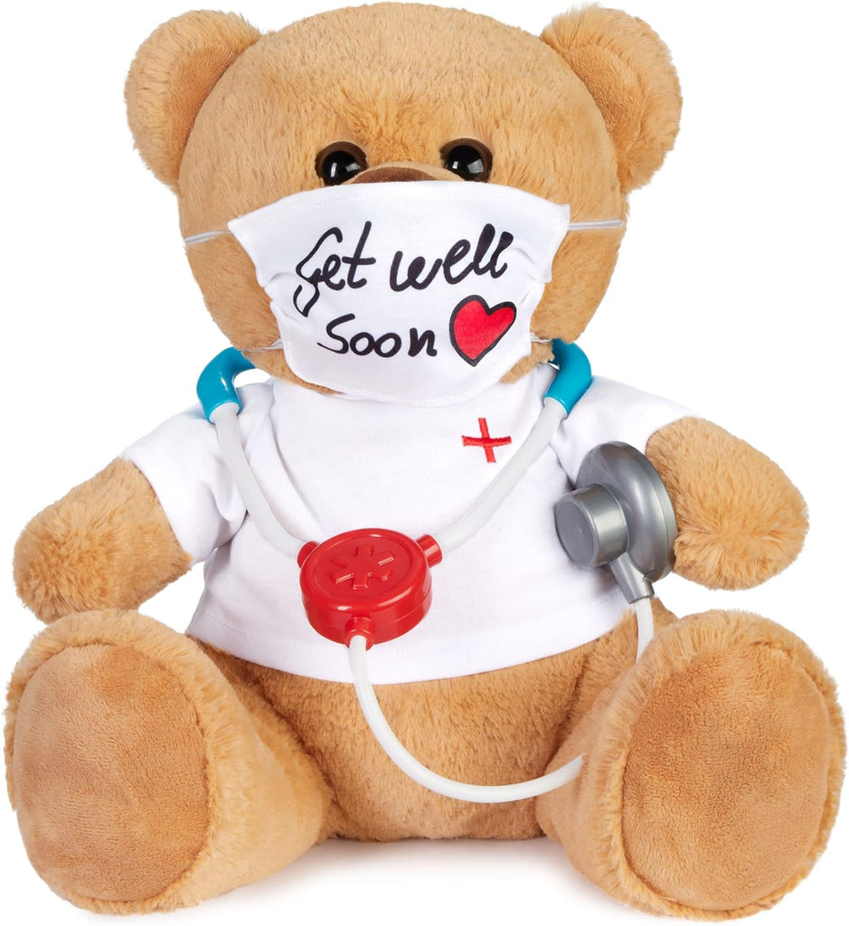 BRUBAKER Teddy Bear - Get Well Soon - 14 Inch Cuddly Toy Gift with Mask and Stethoscope - Doctor Plush Animal with White Shirt - Brown