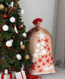 BRUBAKER Christmas Sack Stars White & Red - Merry Christmas Holiday Gift Bag - Santa Sack - Jute Sack