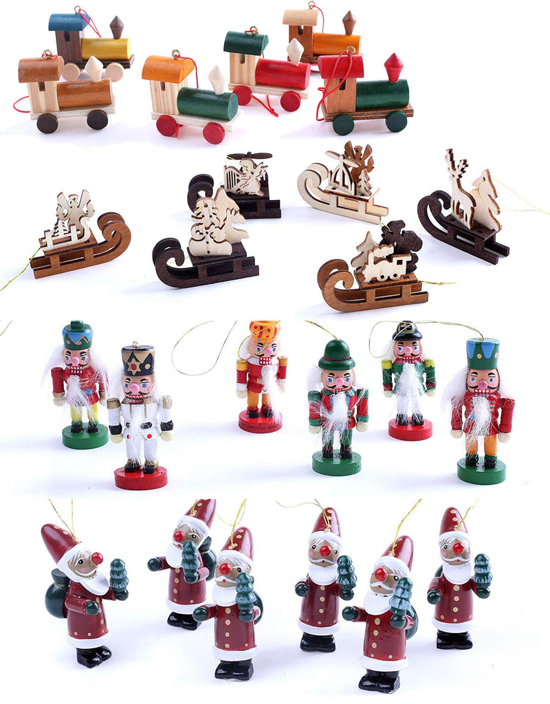 BRUBAKER 24-Pieces Mixed Tree Ornaments Set - Trains, Nutcrackers, Santa Claus & Sleds - Hanging Figurines