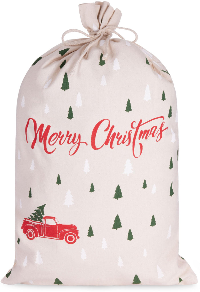 BRUBAKER Christmas Sack Merry Christmas - Tree Forest with Red Car - 31.5 Inches Holiday Gift Bag - Cotton Santa Sack