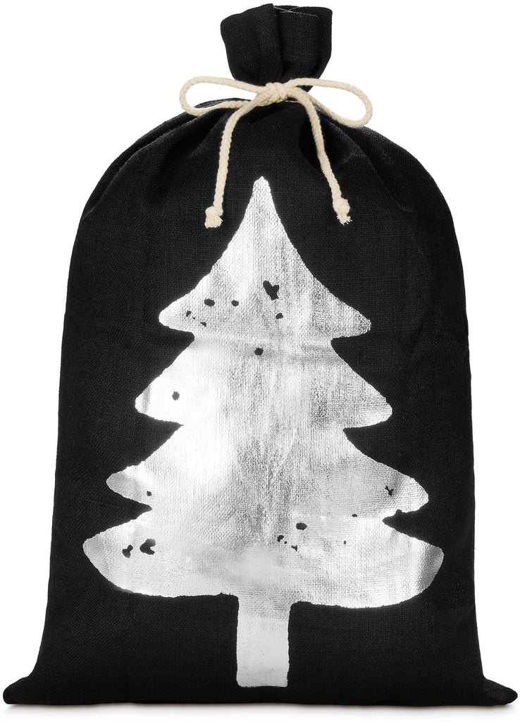 BRUBAKER Christmas Sack Black with Silver Tree - 31.5 Inches Holiday Gift Bag - Jute Santa Sack with Drawstring