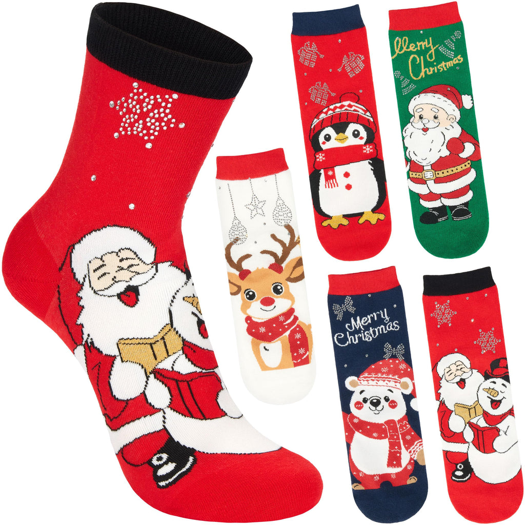 BRUBAKER 5 Pairs of Socks for Women – Penguin, Santa Claus & Snowman – Colorful Funny Christmas Footwear – Size 1-5 US