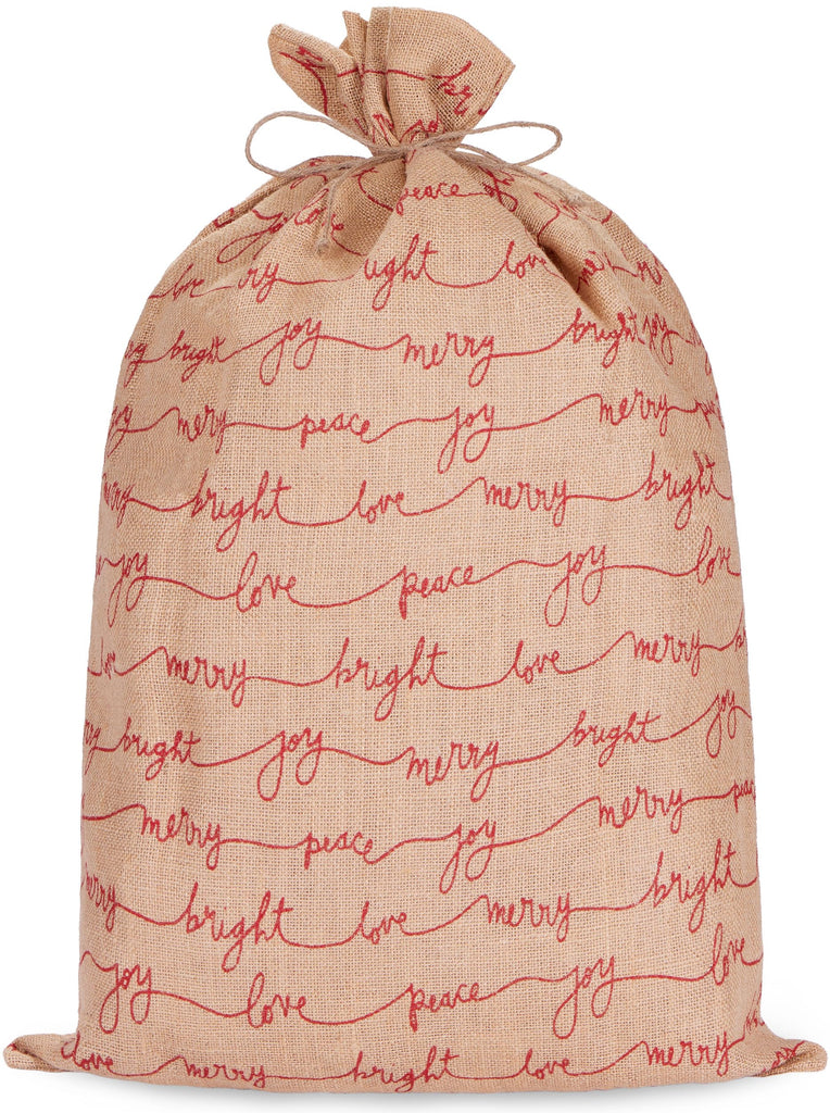 BRUBAKER Christmas Sack Love Peace Joy - 31.5 Inches Holiday Gift Bag - Santa Sack - Large Jute Sack in Brown & Red