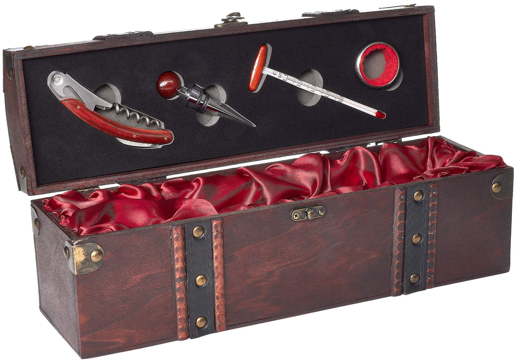 BRUBAKER 5 Pcs Bar Accessory Kit in Wooden Wine Box - 4 Wine Serving Tools in Stainless Steel - Incl. Waiter Knife + Spo