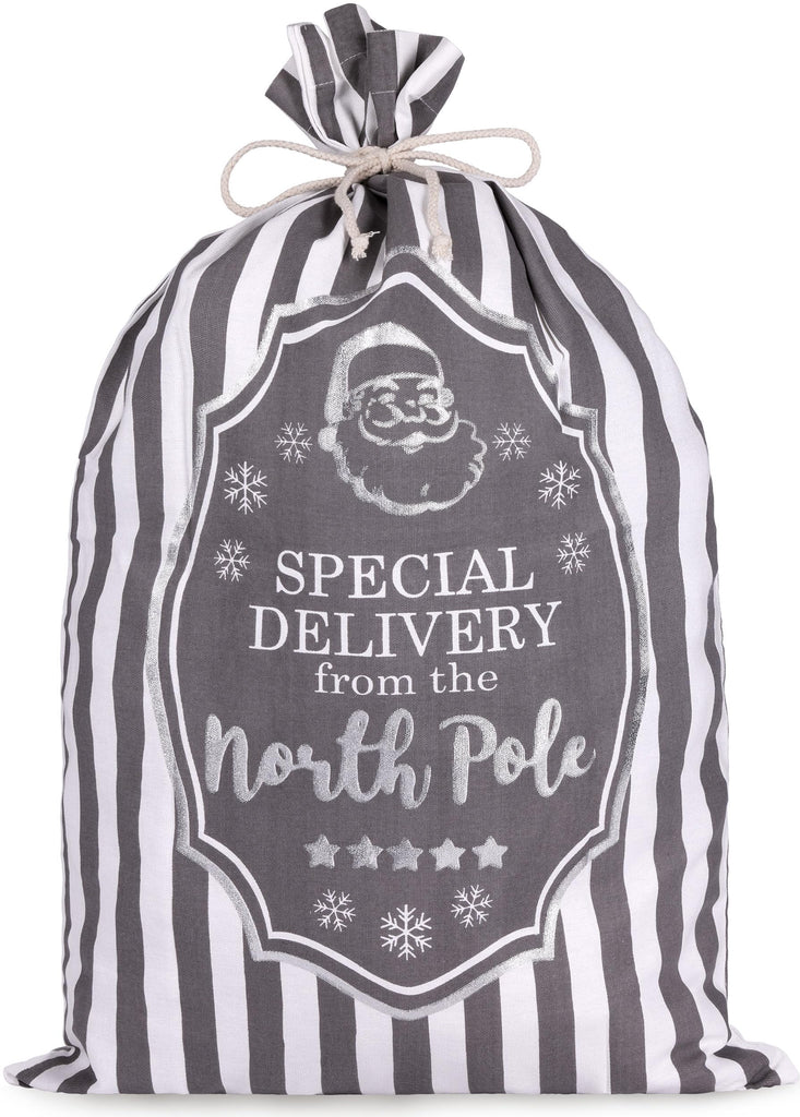 BRUBAKER Christmas Sack Special Delivery from the North Pole - White Gray Holiday Gift Bag - Cotton Sack with Post Desig