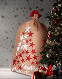 BRUBAKER Christmas Sack Stars White & Red - Merry Christmas Holiday Gift Bag - Santa Sack - Jute Sack